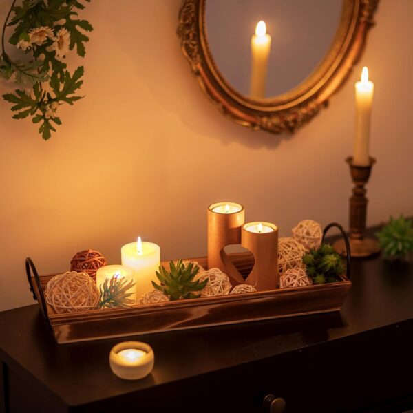 Long Narrow Wood Candle Tray: Hanobe Rustic Wooden Candle Holders Rectangular Table Centerpieces for Dining Room Farmhouse Pillar Stand with Handle Rectangle Tea Light Base Coffee Table Decor - Image 2