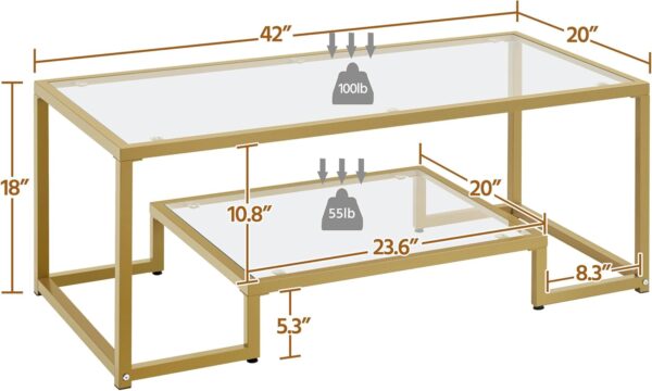 Yaheetech Gold Coffee Table, 42" Rectangular Glass Coffee Table for Living Room, 2-Tier Center Tea Table with Metal Frame for Small Space, Apartment, Office - Image 3