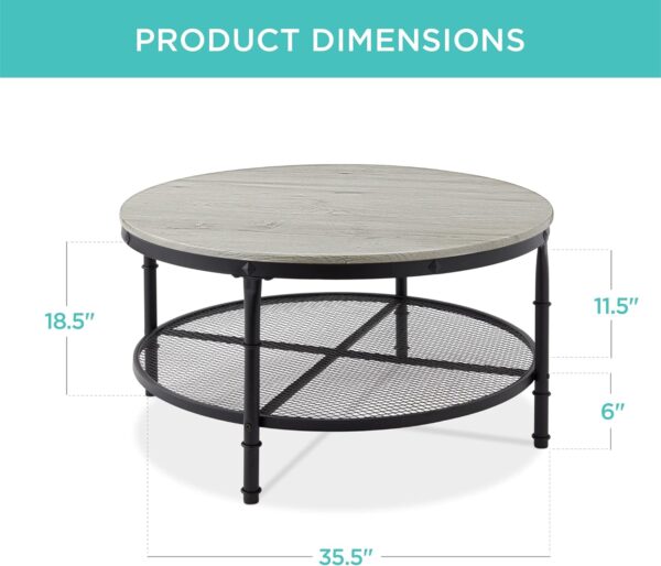 Best Choice Products 2-Tier 35.5in Round Industrial Coffee Table, Rustic Steel Accent Table for Living Room, w/Wooden Tabletop, Reinforced Crossbars, Padded Feet, Open Shelf, Raised Bottom - Gray - Image 2