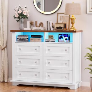 HAIOOU 6 Drawer Dresser for Bedroom White with Power Outlets, LED Double Dressers, Chest of Drawers 47 inch Modern Wooden Storage Organizer with 2 Shelves, Cabinet for Living Room,Hallway
