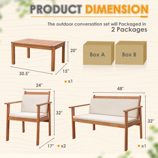 Greesum 4 Piece Bistro Patio Furniture Outdoor Chat Chair Set with Water Resistant Cushions and Coffee Table for Beach Backyard Garden, Acacia Wood - Image 4