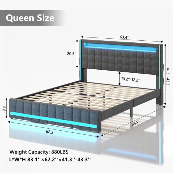 Queen Size Bed Frame with LED Lights and Charging Station, Upholstered Platform Bed with Adjustable Headboard, Queen Size Bed with Wooden Support and Footboard, No Box Spring Needed, Dark Grey - Image 2
