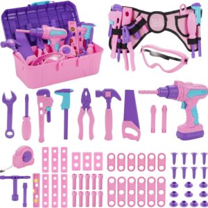 Kids Tool Set, 67 PCS Toddler Tool Box with Electronic Toy Drill & Realistic Kids Tape Measure, Pretend Play Construction Toy Kit with Tool Belt & Hammer, Toddler Tool Set for Girl Boy Ages 3+ (Pink)