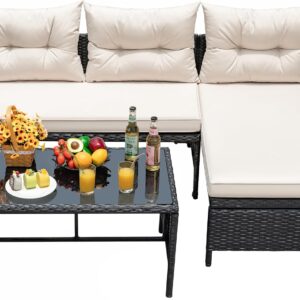 Devoko Outdoor Patio Furniture 3-Piece Rattan Water Resistant Patio Conversation Set All Weather Sectional Patio Sofa with Thick Cushion Glass Table for Balcony, Garden (Beige)