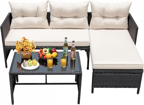Devoko Outdoor Patio Furniture 3-Piece Rattan Water Resistant Patio Conversation Set All Weather Sectional Patio Sofa with Thick Cushion Glass Table for Balcony, Garden (Beige)