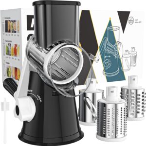 Cambom Rotary Cheese Grater Hand Crank Cheese Shredder for Fresh Cheese, Vegetable, Nuts,Non-slip Suction Base, Free Cleaning Brush Three Blades, Black