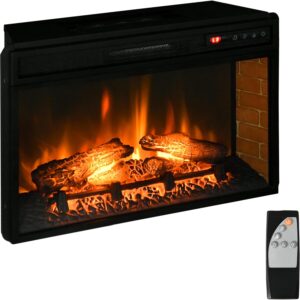 HOMCOM 27" Electric Fireplace Insert, Retro Recessed Fireplace Heater with Realistic Log Flame, Remote Control, and Adjustable Brightness, 1400W, Black