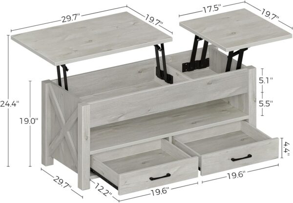 Seventable Coffee Table, 47.2" Lift Top Coffee Table with 2 Storage Drawers and Hidden Compartment, Retro Center Table with Wooden Lift Tabletop for Living Room, Gray - Image 3