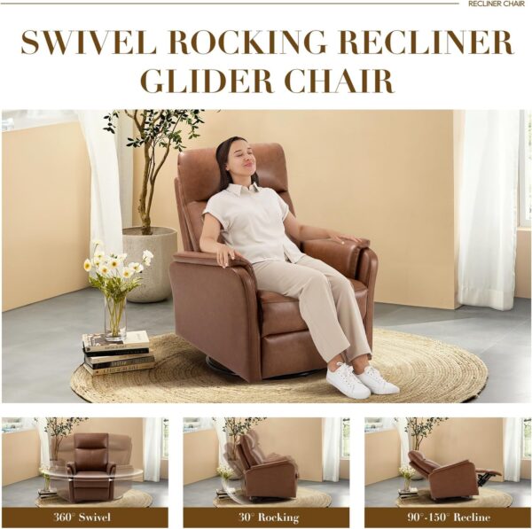 Swivel Rocking Recliner Glider Chair, Leather Reclining Rocker Chair with Footrest for Living Room, Nursery, Office, Bedroom, Ergonomic High Backrest, Wide Seat Cushion and Metal Base-Cocoa - Image 4