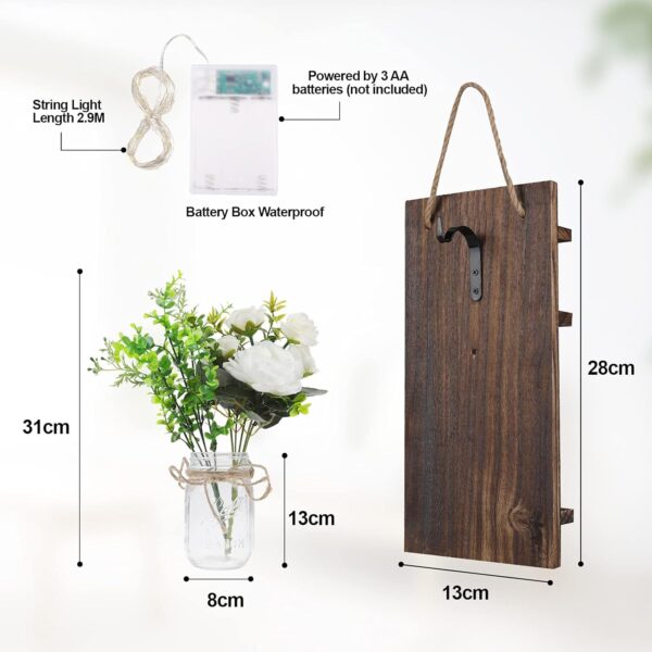 Anpro Mason Jars sconces with Lights,Decorative Mason Jar Wall Decor,Rustic Wall Sconces with 6-Hour Timer LED Fairy Lights and Flowers (2 Pack) Iron Hooks for Christmas,Halloween Decorations - Image 6