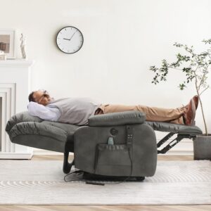 Dual Motor Large Power Lift Recliner Chair for Elderly with Heat and Massage,Lay Flat Lift Chairs Recliners for Seniors Infinite Position,USB Ports&Remote Controls,Genuine Leather (Silver Grey)