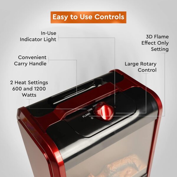 Comfort Zone Electric Mini Fireplace Space Heater with Realistic 3D Flame, Stay-Cool Body, Carry Handle, Overheat Sensor, and Safety Tip-Over Switch, Ideal for Home, Bedroom, & Office, 1,200W, CZFP1 - Image 5
