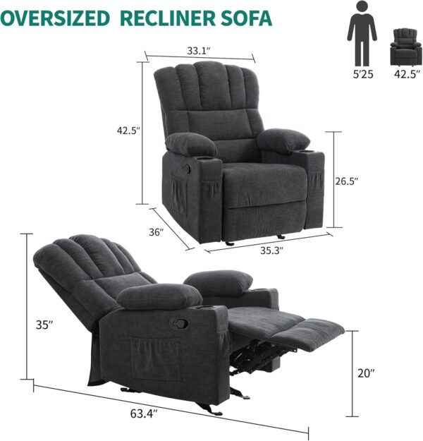 DWVO Manual Recliner Chair with Massage and Heat, Fabric Recliner Chair with Overstuffed Armrest, Rocking Recliner with 2 Cup Holders, USB Charge Port and Side Pocket for Living Room, Grey - Image 2