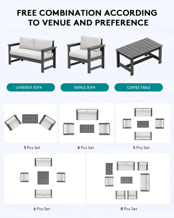 SERWALL 5 Pieces HDPE Outdoor Conversation Sofa Set with Cushions, Grey Frame and Khaki Cushion - Image 7