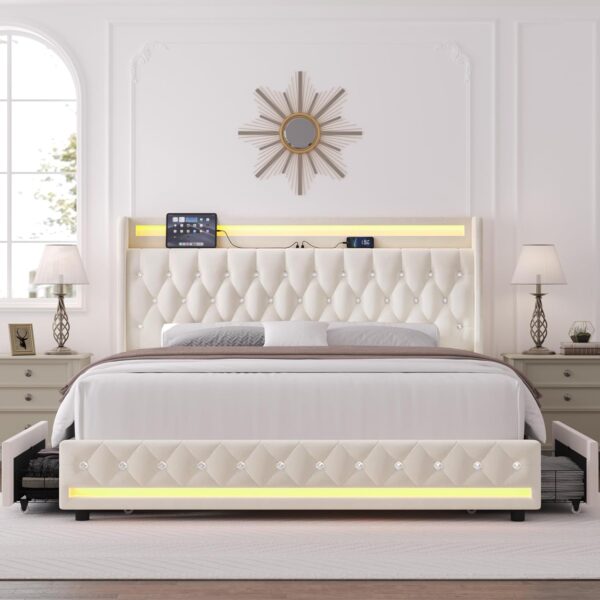 HIFIT Queen LED Bed Frame with Charging Station and 4 Storage Drawers, Velvet Upholstered Platform Bed with Handcrafted Crystal Button Wingback Headboard, Metal Frame with No Box Spring Needed, Beige - Image 4