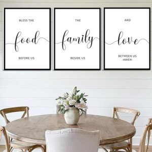 Framed Bless The Food Before Us Wall Decor, 36" x 16" Canvas Kitchen Wall Art for Dining Room Wall Decor(12x16 inches, Set of 3, Framed, Black)