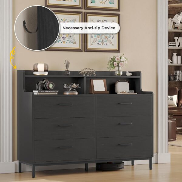 Hasuit 6 Drawers Double Dresser with Shelves, Large Wooden Storage Tower Organizer, Wide Chest of Drawers, Black Dresser for Bedroom, Living Room, Entryway - Image 5