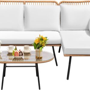 Greesum Outdoor Rope Woven Patio Furniture L-Shaped Conversation Sectional Sofa Set Detachable Lounger for Backyard Porch with Thick Cushions & Long Table, White