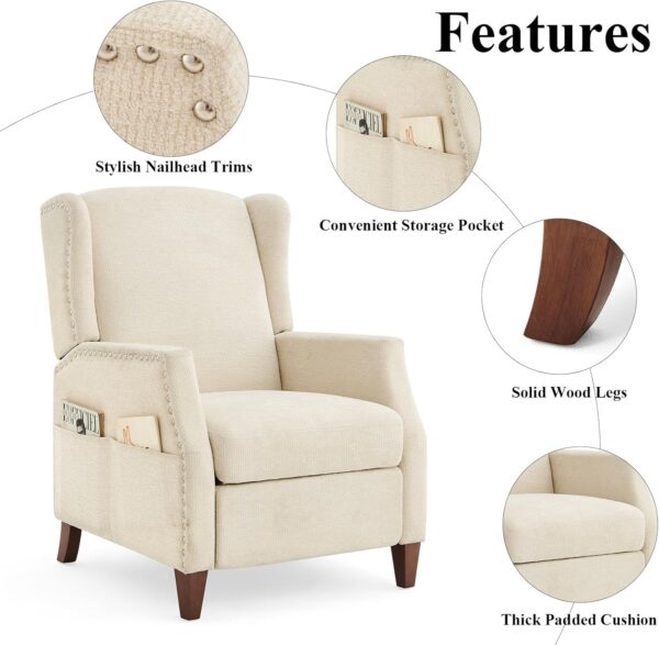 COLAMY Wingback Pushback Recliner Chair with Storage Pocket, Upholstered Fabric Living Room Chair Armchair with Wood Legs and Nailhead Trim, Beige - Image 5