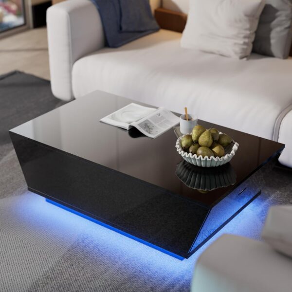 Cozy Castle 41" Black Modern Coffee Table with 12-Color LED Lights,High Gloss Contemporary Center Table with 2 Storage Drawers for Living Room,Dining Room,Office - Image 3