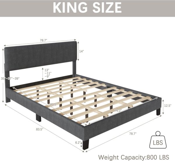 King Bed Frame with Adjustable Headboard Upholstered Bed Frame Platform Linen Fabric Headboard Wooden Slats Support/No Box Spring Needed/Easy Assembly/Mattress Foundation, Grey - Image 2