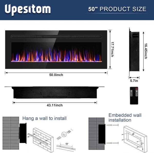 50" Electric Fireplace Upgrade Electric Fireplace Heater Recessed & Wall Mounted, 750/1500W Linear Fireplace Electric Fireplace Insert with 12 Adjustable Flame Colors, Bracket, Timer, Remote Control - Image 2