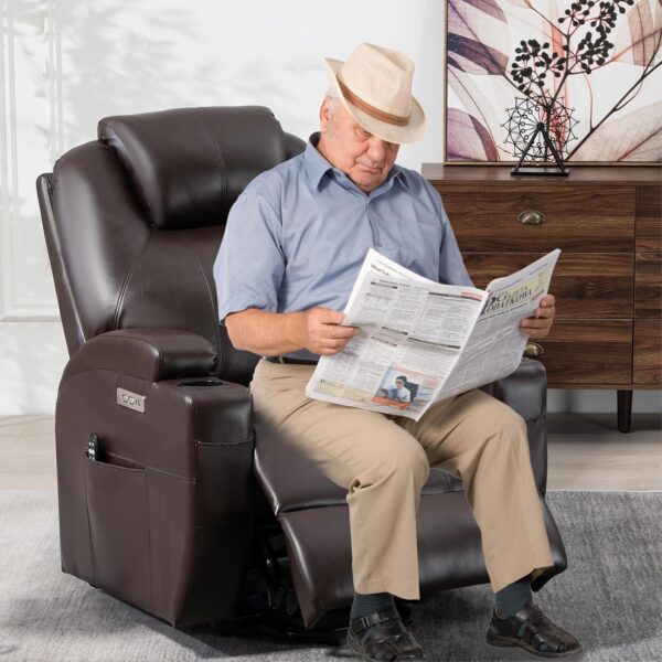 Power Lift Chair for Elderly,PU Leather Electric Recliner w/Massage and Heating, 3 Positions, Side Pockets and Cup Holders, USB Ports, Remote Control, Motorized Home Theater Seat, Brown - Image 7