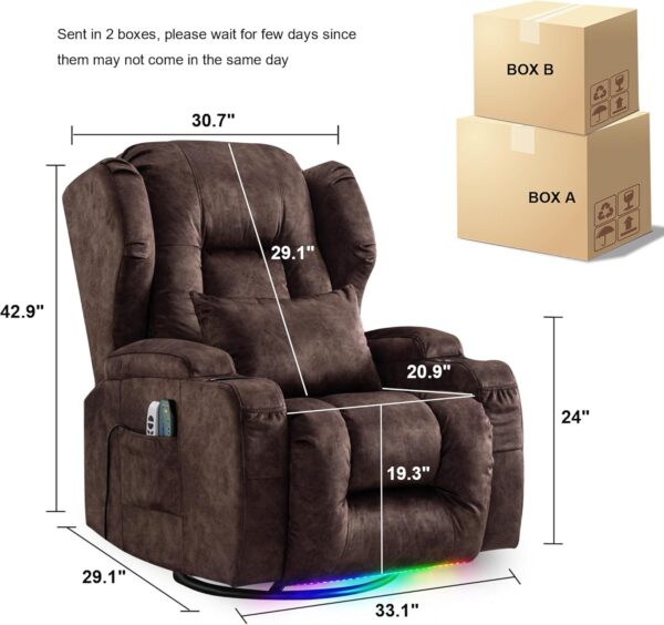 Power Recliner Chair, Velvet Fabric Swivel Rocking Chair with Vibrating Massage and Heating Nursery Glider Chair for Living Room, Home Theater Seating with Ambient Lighting(Single, Brown) - Image 3