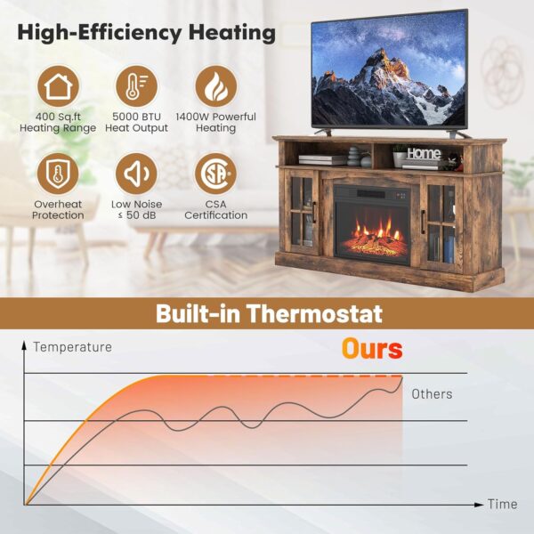 COSTWAY Electric Fireplace TV Stand for TVs Up to 65 Inches, 1400W Heater Insert with Remote Control, 6H Timer, 3-Level Flame, Overheat Protection and CSA Certification, Adjustable Shelves, Brown - Image 7