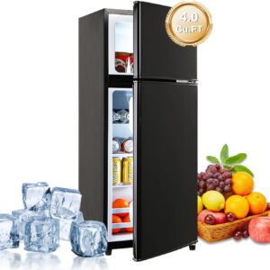 FLS-90-BLACK 4.0Cu.Ft Compact, Small Refrigerator with Freezer, Retro Fridge with Dual Door, 7 Level Adjustable Thermostat for Garage, Dorm,Bedroom, Office, Black