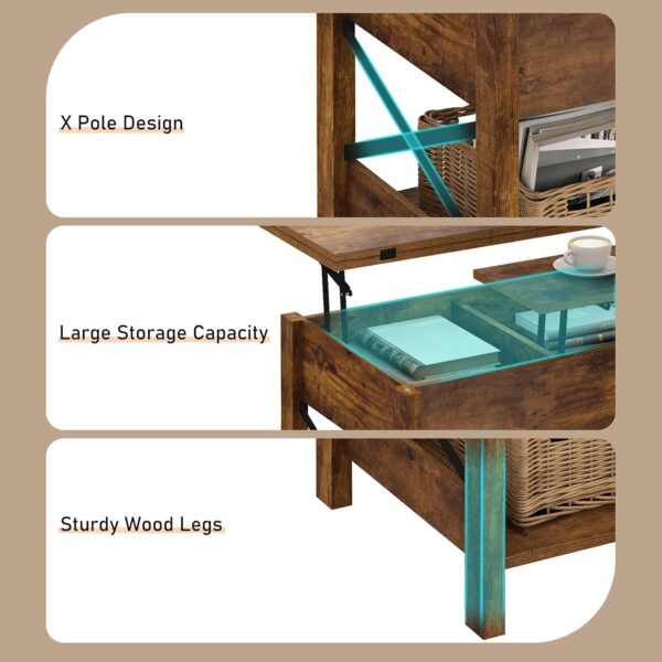 Lift Top Coffee Table, 4 in 1 Living Room Multi-Function LED Table with Charging Station&LED Lights, Farmhouse Convertible Lift Center Table w/Storage and Hidden Compartment, Rustic Brown - Image 7