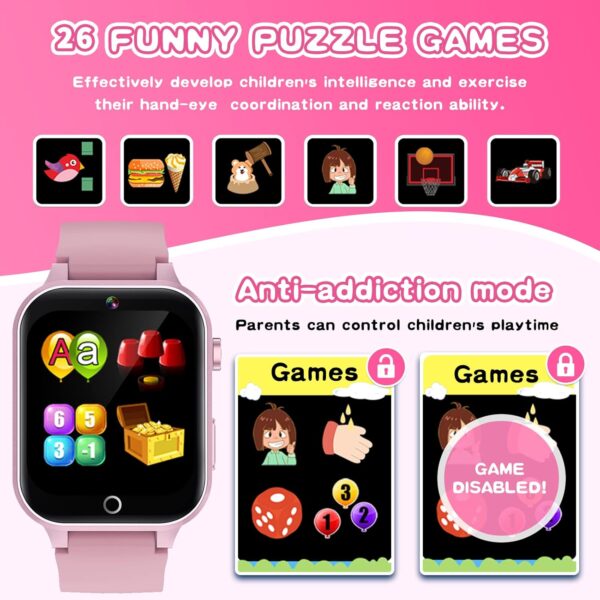 Kids Smart Watch Gift for Girls Age 5-12, 26 Games HD Touch Screen Watches with Video Camera Music Player Pedometer Flashlight 12/24 hr Educational Toys Birthday Gifts for Girls Ages 7 8 9 10 - Image 4