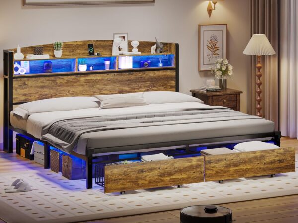 Queen Bed Frame with RGB LED Light Headboard, USB-C/A Charging Station, Metal Platform Bed with Storage Drawers, No Box-Spring Needed, Vintage Brown & Black - Image 3