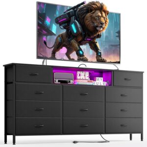 Fixwal Black Dresser for Bedroom Long Dresser TV Stand for 65 Inch TV with Charging Station and LED Lights, with 11 Drawers, Fabric Chest of Drawers, Living Room, Entryway
