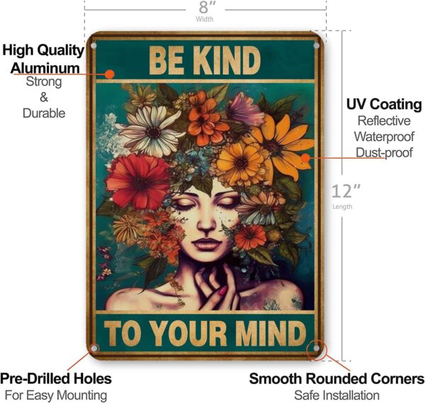 HYBLOM Vintage Room Decor, Boho Office Decor, Be Kind to Your Mind Wall Art Signs, Hippie Posters for House Aesthetic, Retro Metal Sign 12x8 Inches - Image 3