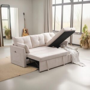 MMTGO 81.5" Reversible Sleeper Sectional Sofa Chaise,with Charging Ports and Pull Out Bed, L-Shaped Velvet Couch w/Side Pocket & Storage Chaise