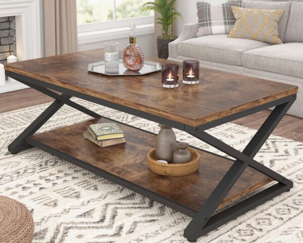 HSH Rustic Coffee Table with Storage Shelf, Industrial Metal Wood Living Room Table, Farmhouse Minimalist Rectangle Center Table, Vintage Simple 2 Tier Cocktail Table Tea Table, Rustic Brown, 47 Inch