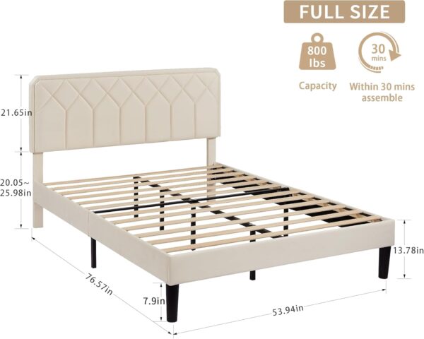 VECELO Full Size Bed Frame Premium Velvet Upholstered Platform with Height Adjustable Headboard/Mattress Foundation, Solid Wooden Slat Support, No Box Spring Needed/Easy Assembly - Image 2