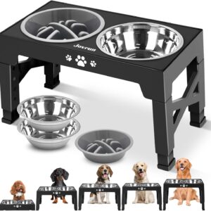 Elevated Dog Bowls, Dog Feeder with 2 Stainless Steel Bowls &1 Slow Feeder Dog Bowls, 5 Heights Adjustable Raised Dog Bowls Stand for Medium Large Dogs, Dog Food Bowls with Non-Slip Feet
