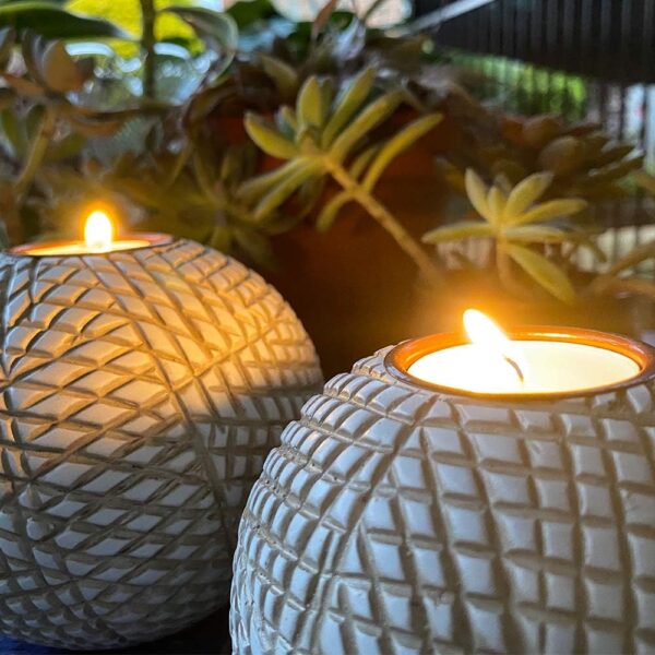 Luca Orb Candle Holders (Gift Boxed Set of 2), Table Centerpieces for Dining or Living Room, Spa, Bathroom, Kitchen Counter, Mantle or Coffee Table Decor (Grid Pattern, Beige and White) - Image 6