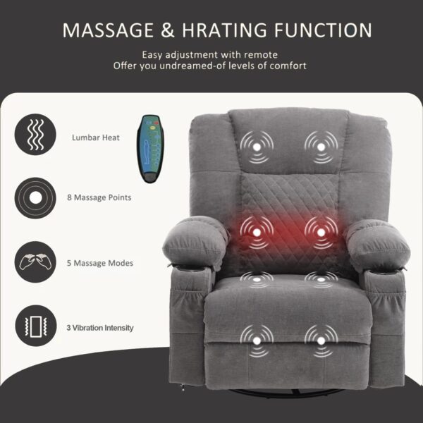 Massage Rocker Recliner Chair with Heat, Overstuffed Recliners Oversized Lounge Chairs for Adults, Fabric Manual Reclining Home Theater Recliner with Cup Holders,USB Charge Port,Grey - Image 4