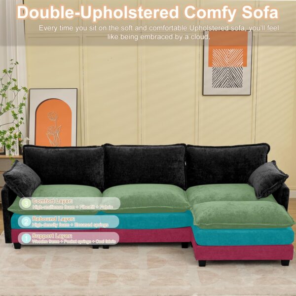 SAMERY Sectional Sofa Cloud Couch, 113" Big Comfy Couch L Shape Sofa Couch for Living Room Extra Deep Seat Sofa Couch Chenille Sofa Sleeper with Ottoman/Pillows, Black 3 Seat Sofa Cloud Couch - Image 3