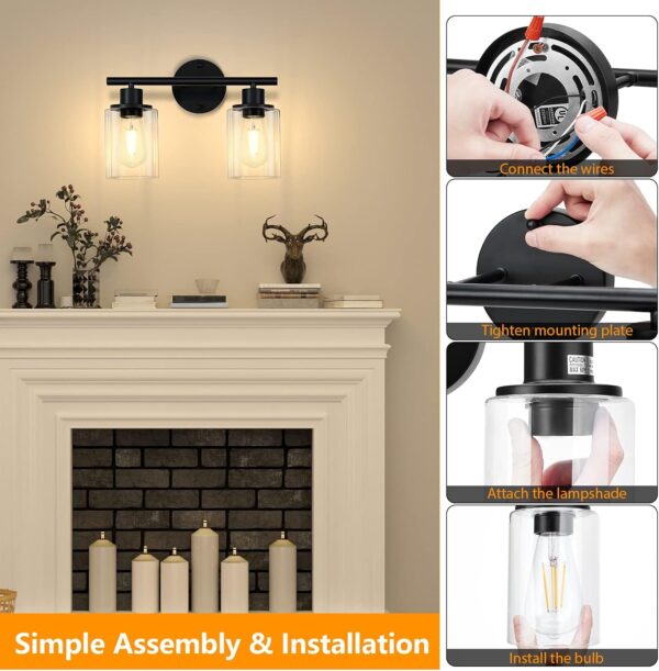 Licperron 2-Light Bathroom Vanity Light Fixtures, Modern Black Bathroom Vanity Lights Over Mirror with Clear Glass Shade, Industrial Wall Mounted Sconces Lighting for Bedroom Hallway - Image 7