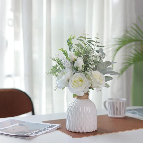 FOTEEWL Artificial Flowers with Ceramic Vase,Faux Silk Roses and Fake Plant Eucalyptus in Vase for Centerpiece Table Decorations, Living Room,Dining Table,Fireplace,Office,Farmhouse,Home Decor(White) - Image 4