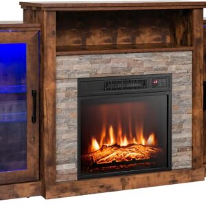 GOFLAME Fireplace TV Stand with LED Lights for TV up to 65”, Entertainment Center with 18” Electric Fireplace, Remote & APP Control, TV Console with Adjustable Glass Shelves (Brown)