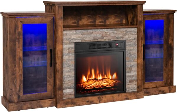 GOFLAME Fireplace TV Stand with LED Lights for TV up to 65”, Entertainment Center with 18” Electric Fireplace, Remote & APP Control, TV Console with Adjustable Glass Shelves (Brown)