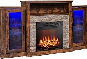 GOFLAME Fireplace TV Stand with LED Lights for TV up to 65”, Entertainment Center with 18” Electric Fireplace, Remote & APP Control, TV Console with Adjustable Glass Shelves (Brown)