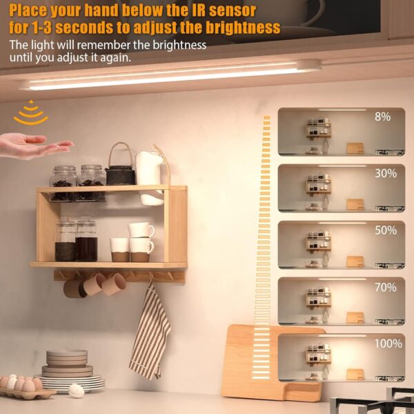 2pcs Hand Wave Under Cabinet Lights, 16" Under Counter Lighting with Dimmable and 4000K Natural White,Plug and Play,LED Lights for Kitchen Cabinet, Cupboard, Closet, Desk - Image 5