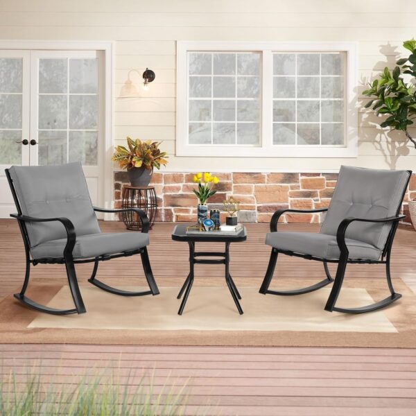 SOLAURA 3-Piece Outdoor Rocking Chairs Bistro Set, Black Iron Patio Furniture with Gray Thickened Cushion & Glass-Top Coffee Table - Image 2