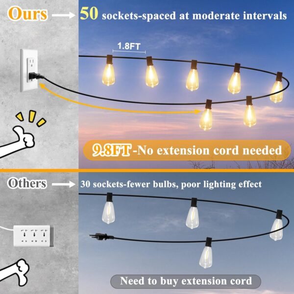 Brightever LED Outdoor String Lights 100FT Patio Lights with 52 Shatterproof ST38 Vintage Edison Bulbs, Outside Hanging Lights Waterproof for Porch, Deck, Garden, Backyard, Balcony, 2700K Dimmable - Image 3